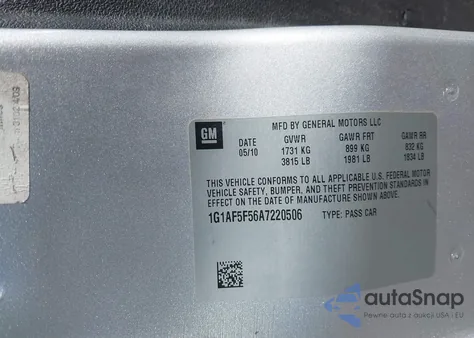 2010 Chevrolet Cobalt Lt z USA, uszkodzony, nr VIN 1G1AF5F56A7220506